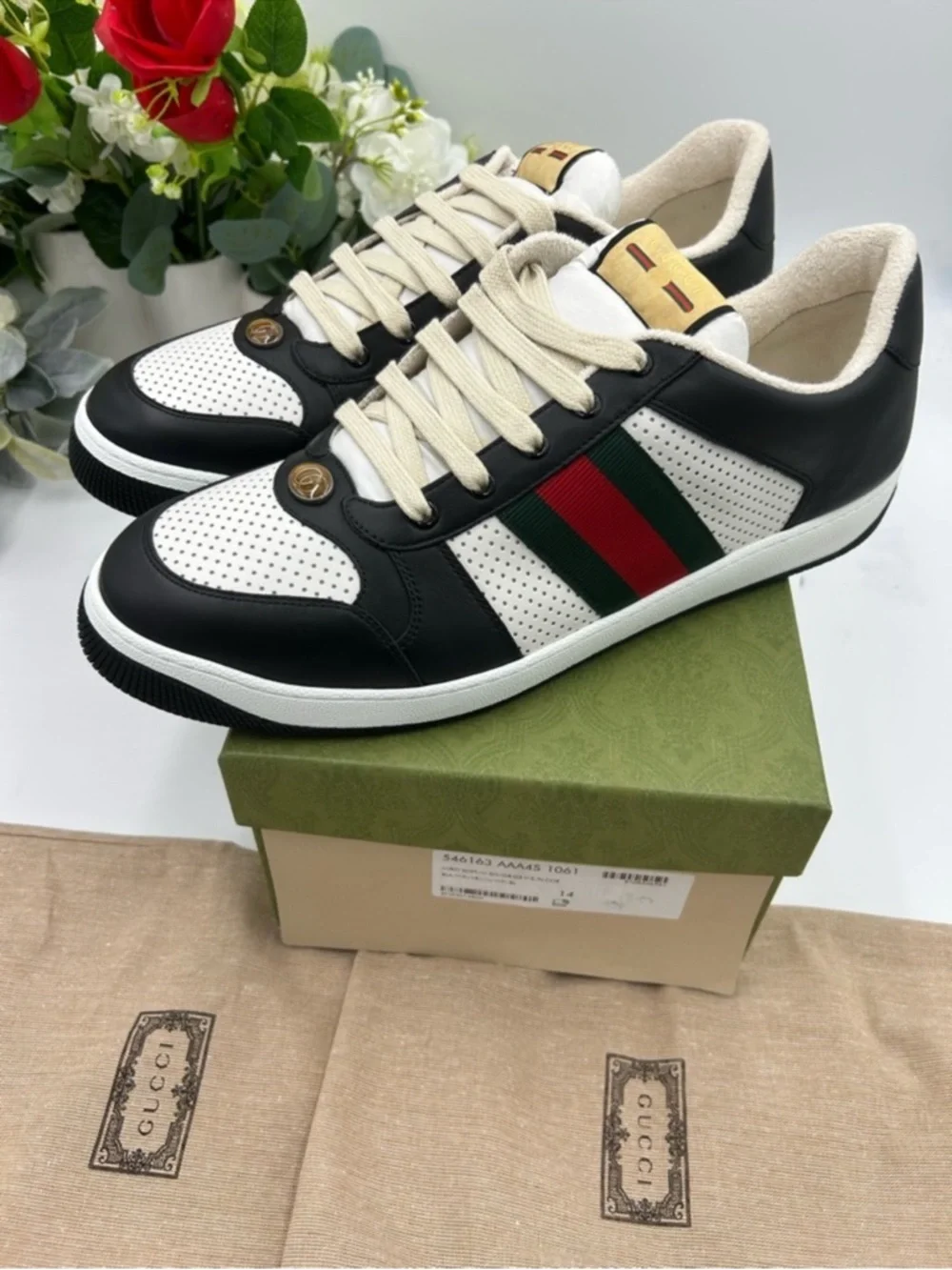 Men’s Gucci screener low top leather black/white sneakers size 14 made in Italy